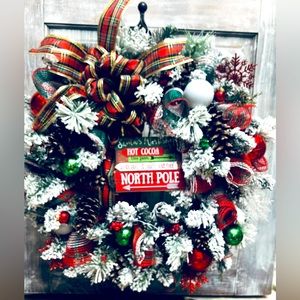 Handmade Santa’s work shop wooden sign flock wreath